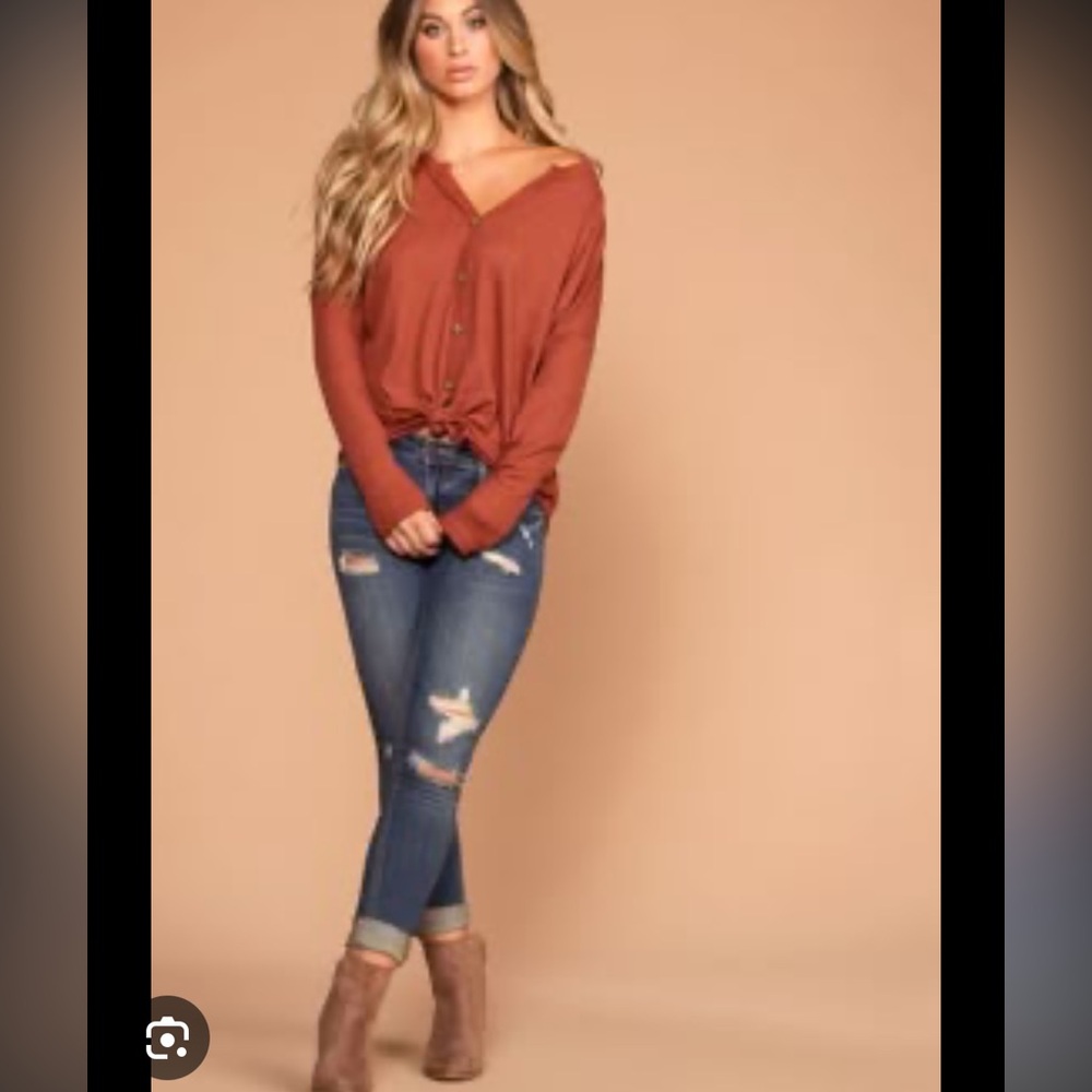 Raquel Rust Button Tie-Front Waffle Knit Top